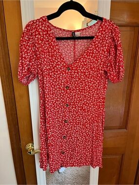Red Floral Button-Front Women’s Dress
